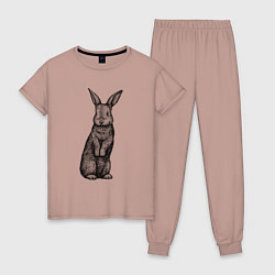 Пижама хлопковая женская Кролик стоит, цвет: пыльно-розовый