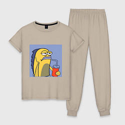Пижама хлопковая женская Спанч Боб рыба мем, цвет: миндальный