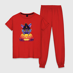 Пижама хлопковая женская Милый котик и тыква - Хэллоуин, цвет: красный