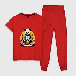 Пижама хлопковая женская Панда на медитации, цвет: красный
