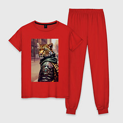 Пижама хлопковая женская Cool leopard - urban style - neural network, цвет: красный