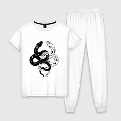 Пижама хлопковая женская Змеи инь и янь - черное белое, цвет: белый