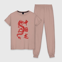 Женская пижама Красный китайский дракон с иероглифами