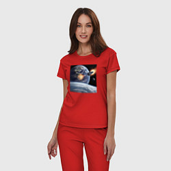 Пижама хлопковая женская Ракета улетает на луну, цвет: красный — фото 2