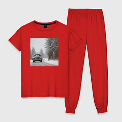Пижама хлопковая женская Ретро авто зимой, цвет: красный