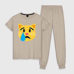 Пижама хлопковая женская Жёлтый котик грустит, цвет: миндальный