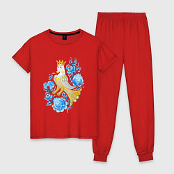 Пижама хлопковая женская Птица Сирин в цветах по мотивам гжельской росписи, цвет: красный