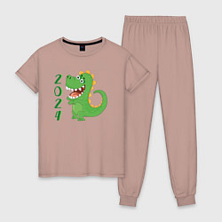 Пижама хлопковая женская Дракон зеленый 2024, цвет: пыльно-розовый