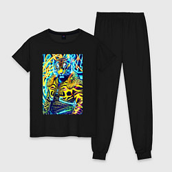 Пижама хлопковая женская Neon tiger - pop art - neural network, цвет: черный