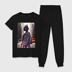 Пижама хлопковая женская Cat fashionista - New York - ai art, цвет: черный