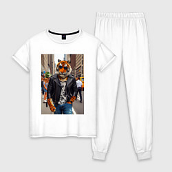 Пижама хлопковая женская Cool tiger on the streets of New York - ai art, цвет: белый