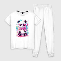 Пижама хлопковая женская Милая панда в розовых очках и бантике, цвет: белый