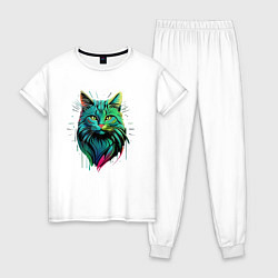 Пижама хлопковая женская Неоновое граффити с котом, цвет: белый