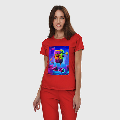Женская пижама Sponge Bob on a gyro scooter - ai art / Красный – фото 3