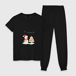 Пижама хлопковая женская Снеговик с имбирной ёлкой, цвет: черный