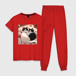 Пижама хлопковая женская Милые кошки с сердеком, цвет: красный