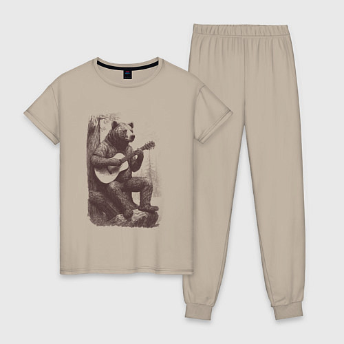 Женская пижама Медведь в лесу играет на акустической гитаре / Миндальный – фото 1