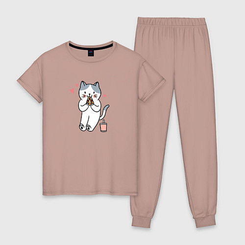 Женская пижама Кот с пиццей / Пыльно-розовый – фото 1