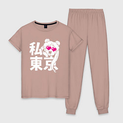 Пижама хлопковая женская Я люблю - Токио, цвет: пыльно-розовый