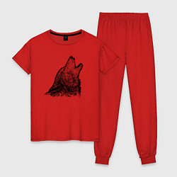 Пижама хлопковая женская Волк воющий гравюра, цвет: красный