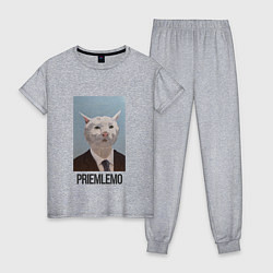 Пижама хлопковая женская Приемлемо - кот мем в живописи, цвет: меланж