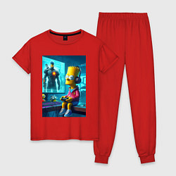 Пижама хлопковая женская Bart Simpson is an avid gamer, цвет: красный