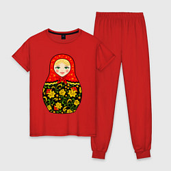 Пижама хлопковая женская Матрёшка в хохломской росписи, цвет: красный
