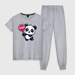 Пижама хлопковая женская Милая панда со знаком стоп, цвет: меланж