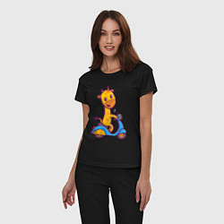 Пижама хлопковая женская Жираф на мотороллере, цвет: черный — фото 2