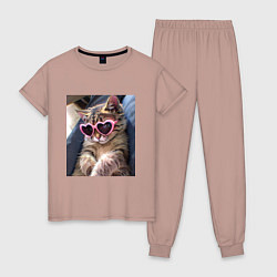 Пижама хлопковая женская Милый мем-кот в очках в стиле аниме, цвет: пыльно-розовый