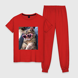 Пижама хлопковая женская Милый мем-кот в очках в стиле аниме, цвет: красный
