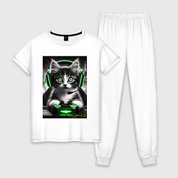 Пижама хлопковая женская Котёнок командный геймер - киберспорт, цвет: белый