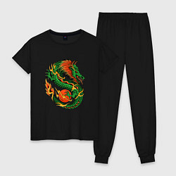 Пижама хлопковая женская Азиатский зеленый дракон, цвет: черный