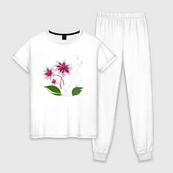 Пижама хлопковая женская Яркий цветок с жемчугом, цвет: белый