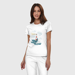 Пижама хлопковая женская Маяк и волны - акварель, цвет: белый — фото 2