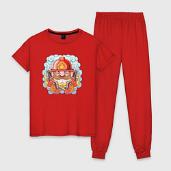 Пижама хлопковая женская Храбрый пожарный с усами, цвет: красный