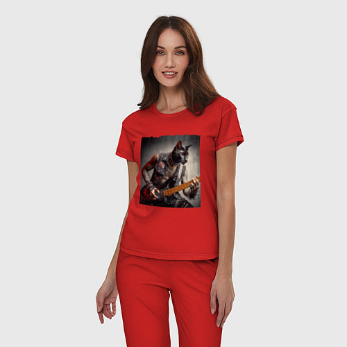 Женская пижама Татуированный чёрный котяра рок гитарист / Красный – фото 3