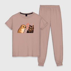 Пижама хлопковая женская Недовольный и грустный кот - Talking Cats, цвет: пыльно-розовый