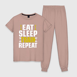 Пижама хлопковая женская Eat sleep train, цвет: пыльно-розовый
