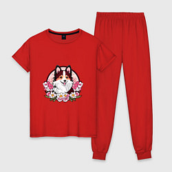 Пижама хлопковая женская Колли среди цветов сакуры, цвет: красный