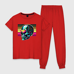Пижама хлопковая женская Cyber skull - fantasy ai art, цвет: красный