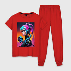 Пижама хлопковая женская Девушка в стиле киберпанк с черепом - нейросеть, цвет: красный