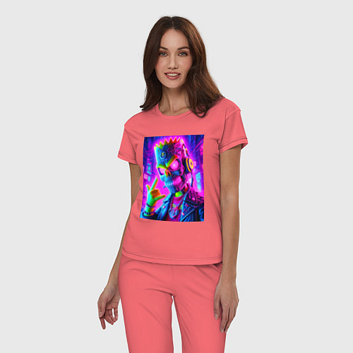 Женская пижама Cyber skeleton of Bart Simpson - neon glow / Коралловый – фото 3