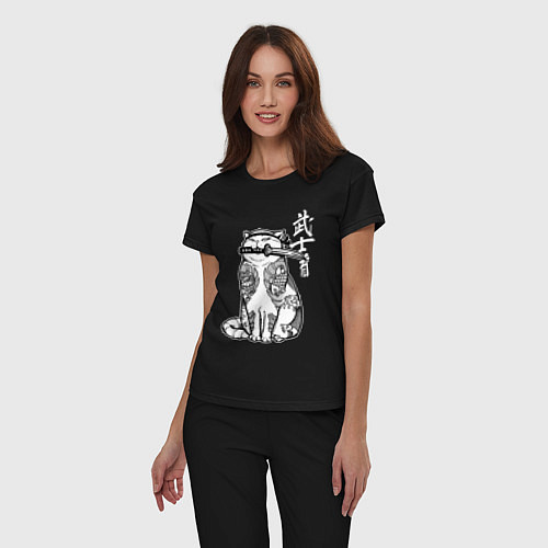 Женская пижама Кот самурай - сёто в зубах / Черный – фото 3