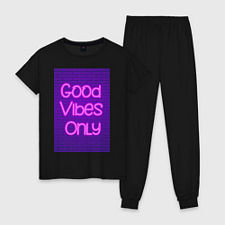 Пижама хлопковая женская Неоновая надпись good vibes only и кирпичная стена, цвет: черный