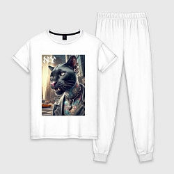 Пижама хлопковая женская Cool dude panther from New York - ai art, цвет: белый
