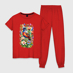 Пижама хлопковая женская Расписной овсянковый кардинал, цвет: красный