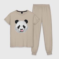 Пижама хлопковая женская Панда с языком, цвет: миндальный