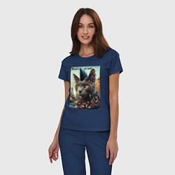 Пижама хлопковая женская Уличный кот панк музыкант - нейросеть, цвет: тёмно-синий — фото 2