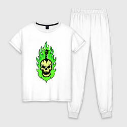Пижама хлопковая женская Яркий зеленый череп в виде гитары, цвет: белый